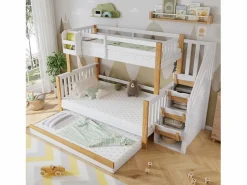 Merax Literas 120x200 cm + 90x200 cm con cama nido 90x190 cm + 4 cajones - Madera + MDF - + natural