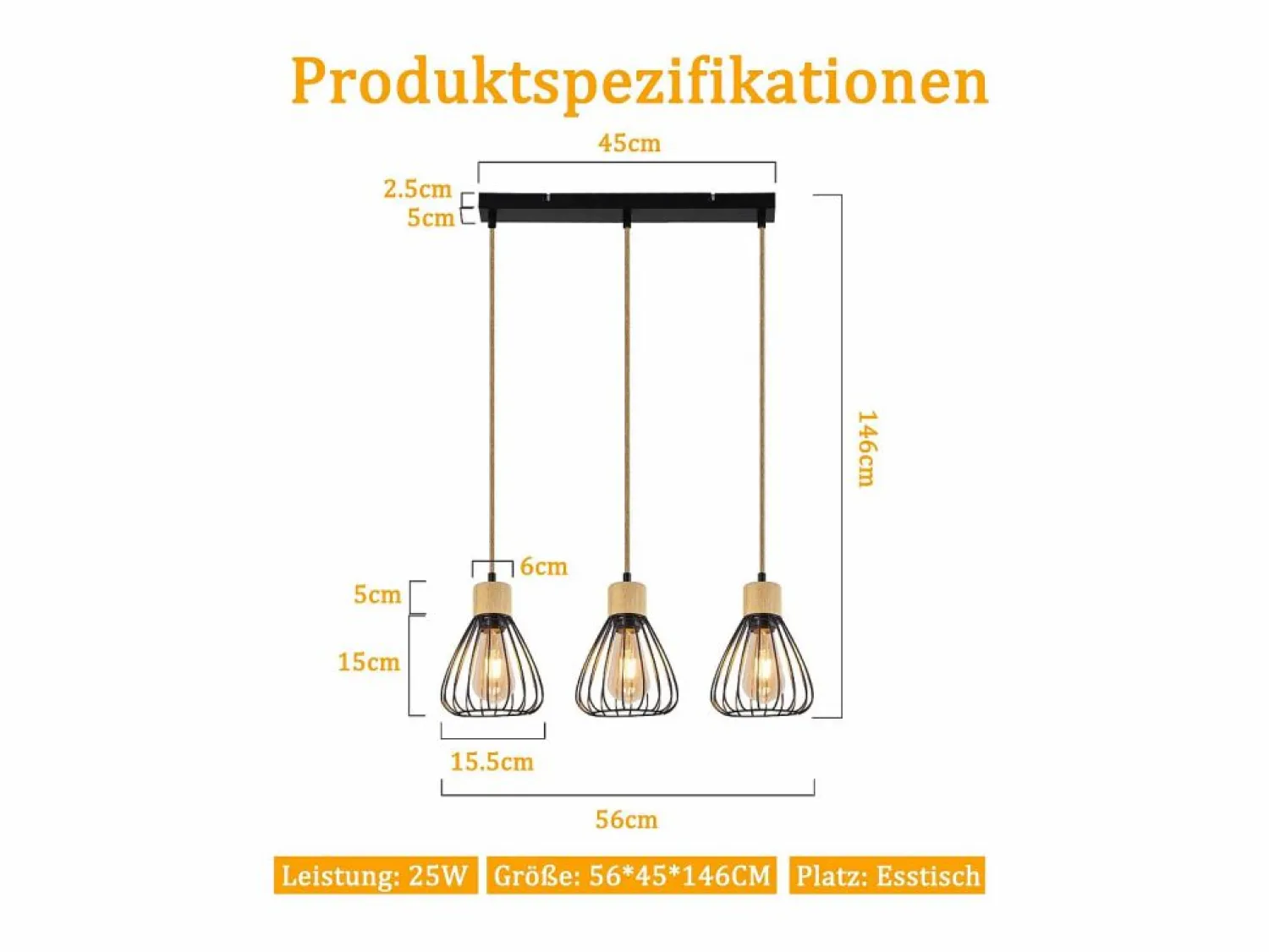 Clearance Lámpara colgante , estilo vintage industrial retro para salón, de madera y cuerda de cáñamo, en metal , 3 llamas, E27 Lámpara Suspendida
