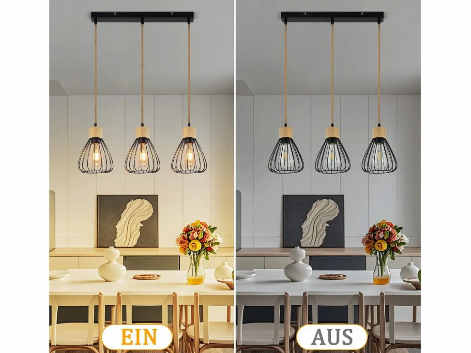 Clearance Lámpara colgante , estilo vintage industrial retro para salón, de madera y cuerda de cáñamo, en metal , 3 llamas, E27 Lámpara Suspendida