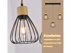 Clearance Lámpara colgante , estilo vintage industrial retro para salón, de madera y cuerda de cáñamo, en metal , 3 llamas, E27 Lámpara Suspendida