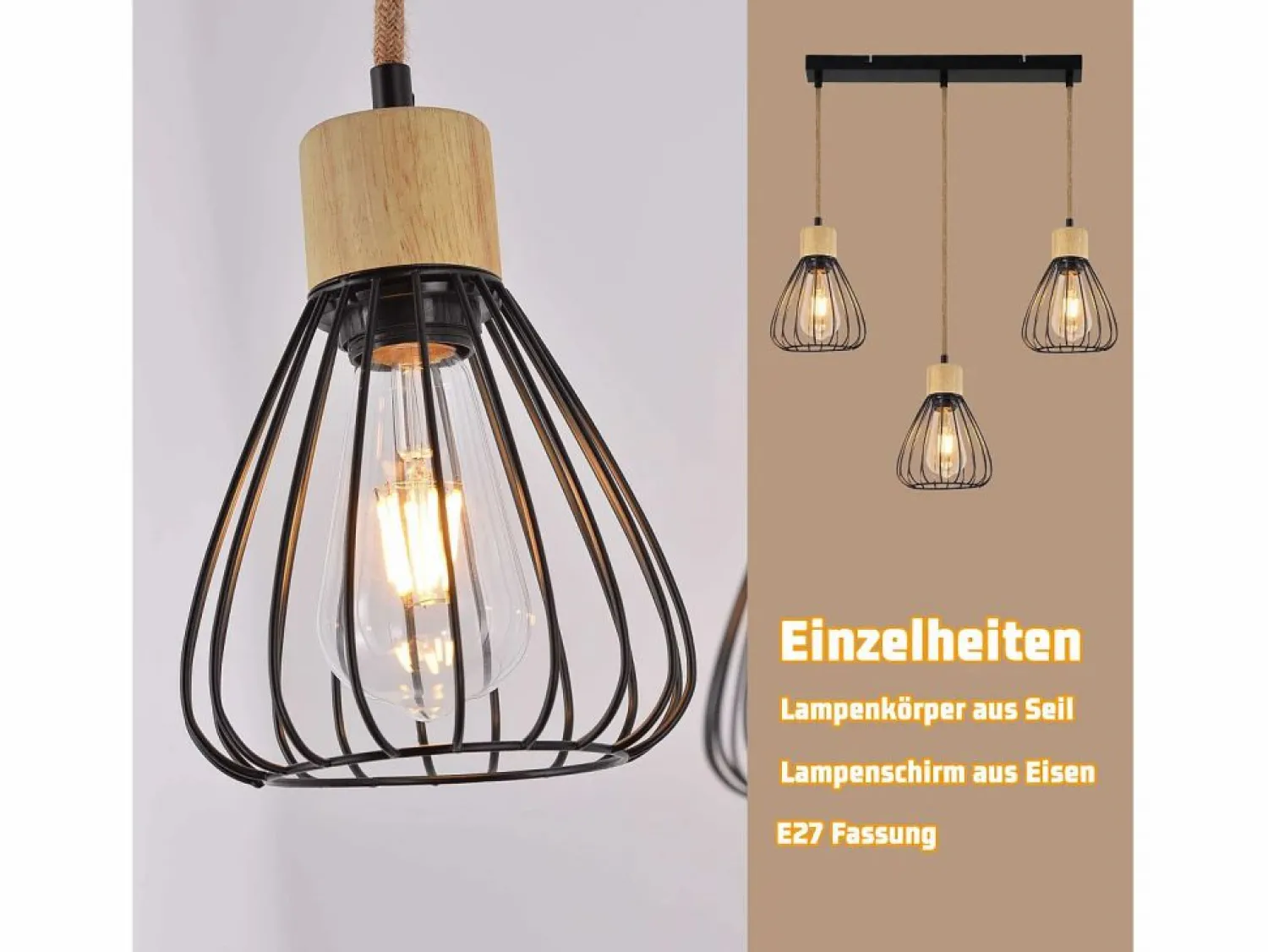 Clearance Lámpara colgante , estilo vintage industrial retro para salón, de madera y cuerda de cáñamo, en metal , 3 llamas, E27 Lámpara Suspendida