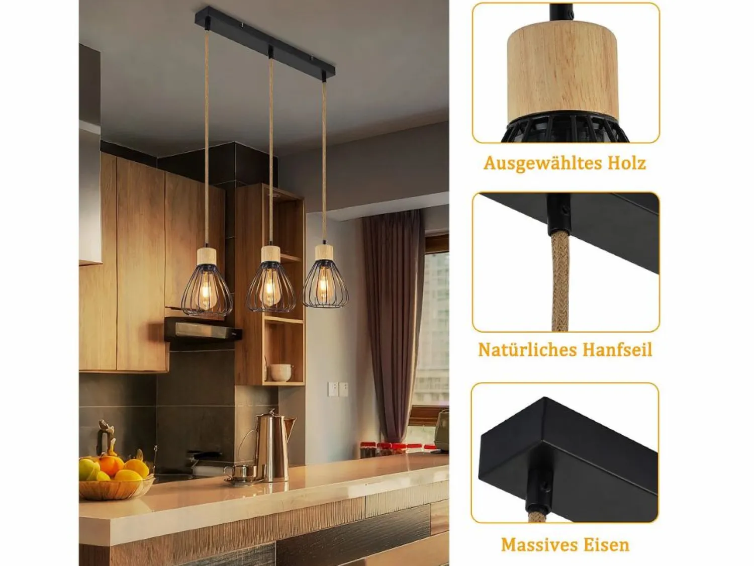 Clearance Lámpara colgante , estilo vintage industrial retro para salón, de madera y cuerda de cáñamo, en metal , 3 llamas, E27 Lámpara Suspendida