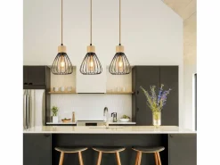 Clearance Lámpara colgante , estilo vintage industrial retro para salón, de madera y cuerda de cáñamo, en metal , 3 llamas, E27 Lámpara Suspendida