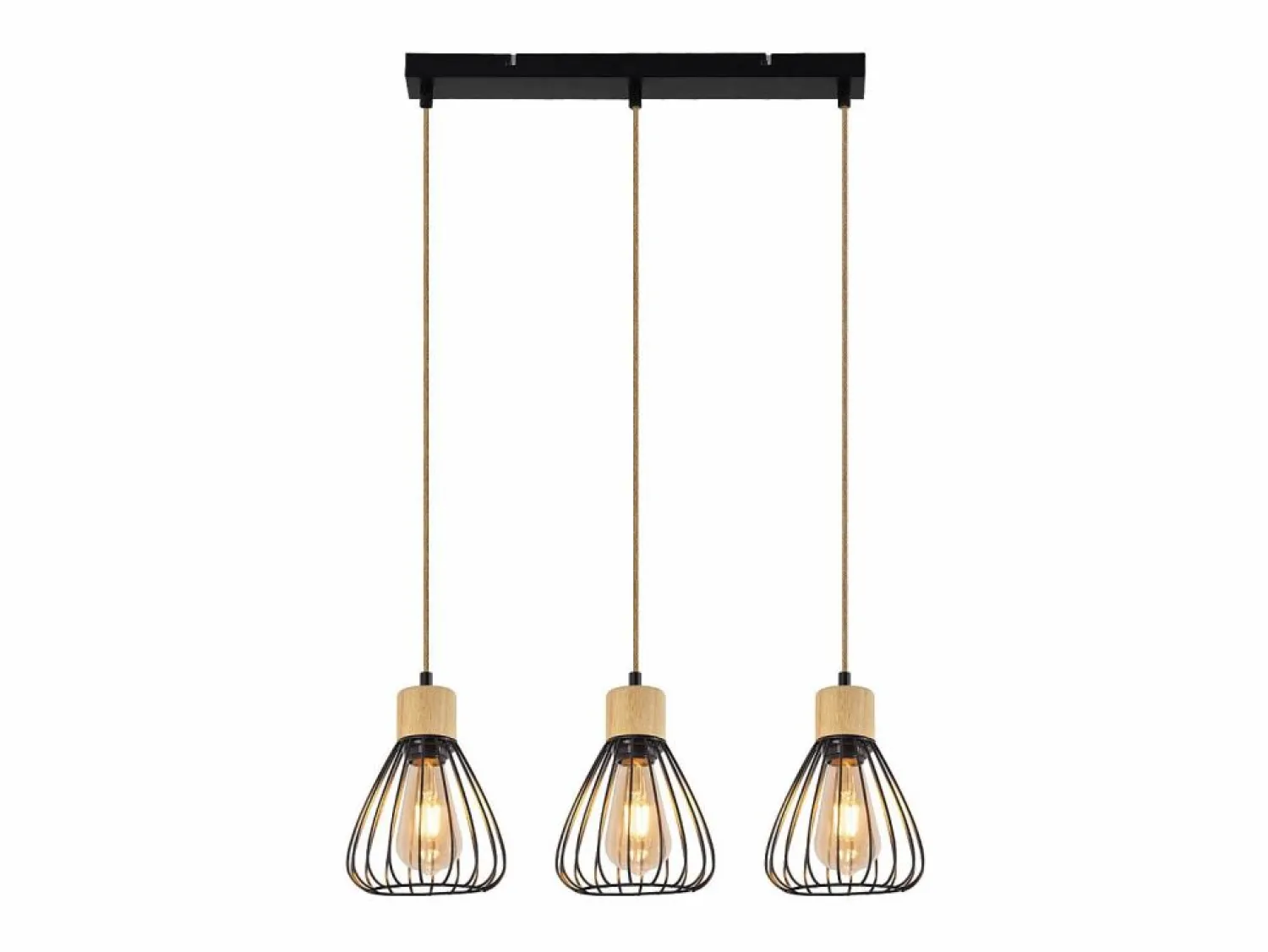 Clearance Lámpara colgante , estilo vintage industrial retro para salón, de madera y cuerda de cáñamo, en metal , 3 llamas, E27 Lámpara Suspendida