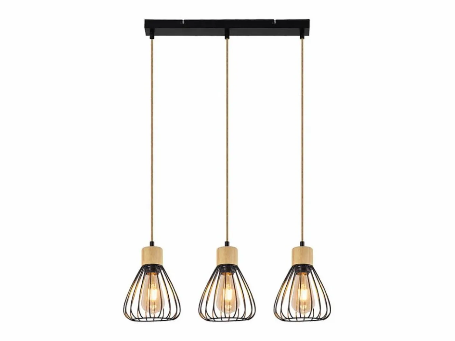 Clearance Lámpara colgante , estilo vintage industrial retro para salón, de madera y cuerda de cáñamo, en metal , 3 llamas, E27 Lámpara Suspendida