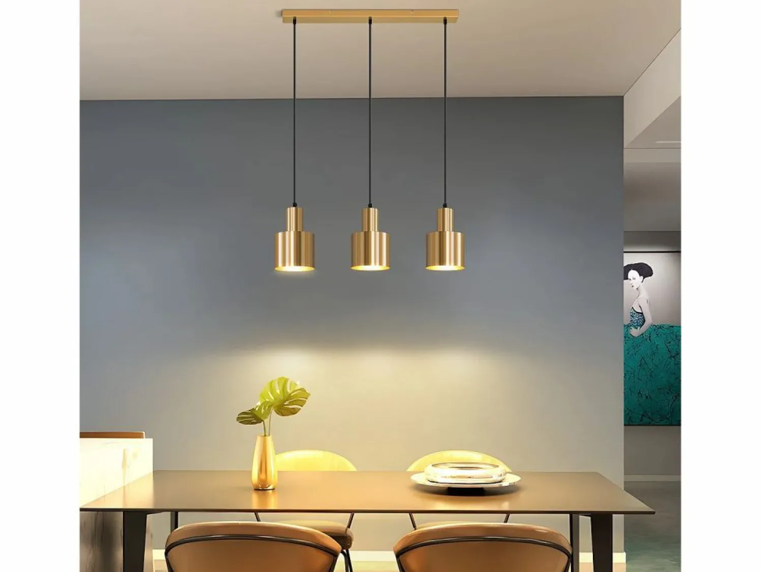 Hot NETTLIFE Lámpara colgante para mesa de comedor, estilo vintage, 3 luces, dorada, diseño moderno, de metal, E27 Dorado