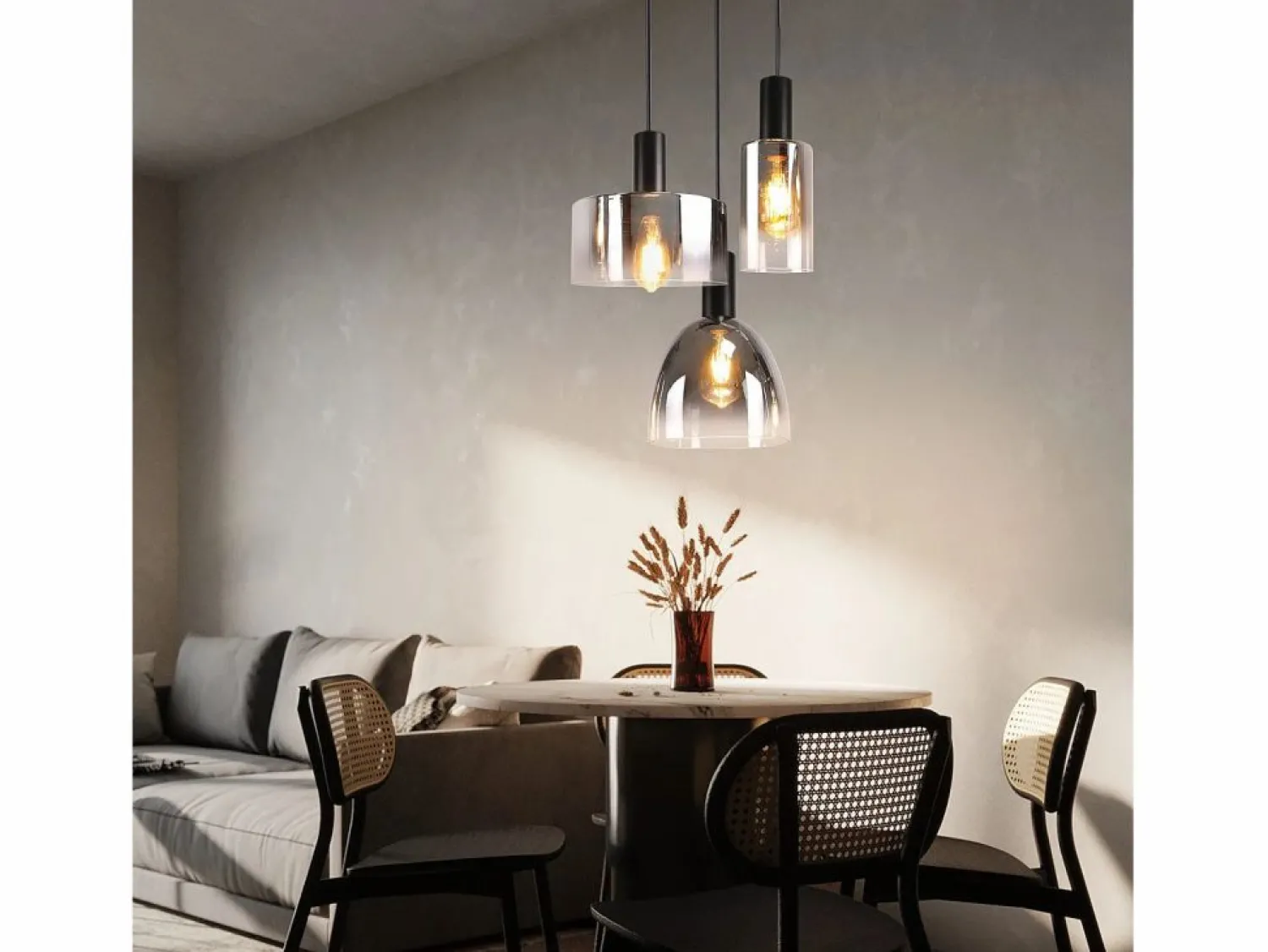 NETTLIFE Lámpara colgante vintage para mesa de comedor, de cristal gris ahumado, E27, altura ajustable para sala de estar