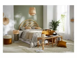 Miliboo Lámpara de mesa de cerámica esmaltada color topo con pantalla de rafia MAJES