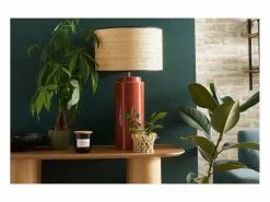 Discount Miliboo Lámpara de mesa de cerámica esmaltada con pantalla de rafia natural 64 cm MAJES Terracota