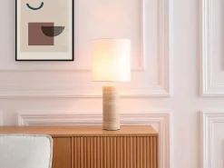 Discount Lámpara de mesa de tela y travertino D.25 x A.58 cm, Blanco y natural, ZAPANA Lámpara De Mesa