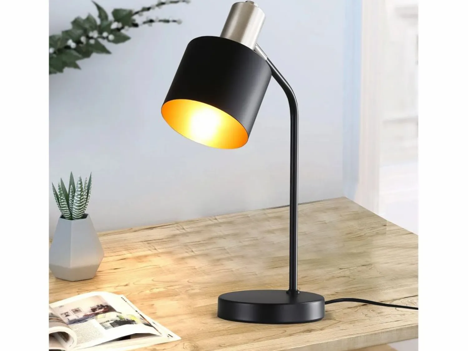 NETTLIFE Lámpara de mesilla de noche vintage con cable E27, lámpara de escritorio negra y dorada, lámpara de lectura giratoria