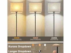NETTLIFE Lámpara de pie LED regulable con pantalla de tela retro para sala de estar, con interruptor de tiro Negro