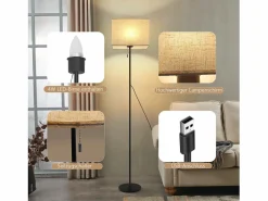 NETTLIFE Lámpara de pie LED regulable con pantalla de tela retro para sala de estar, con interruptor de tiro Negro