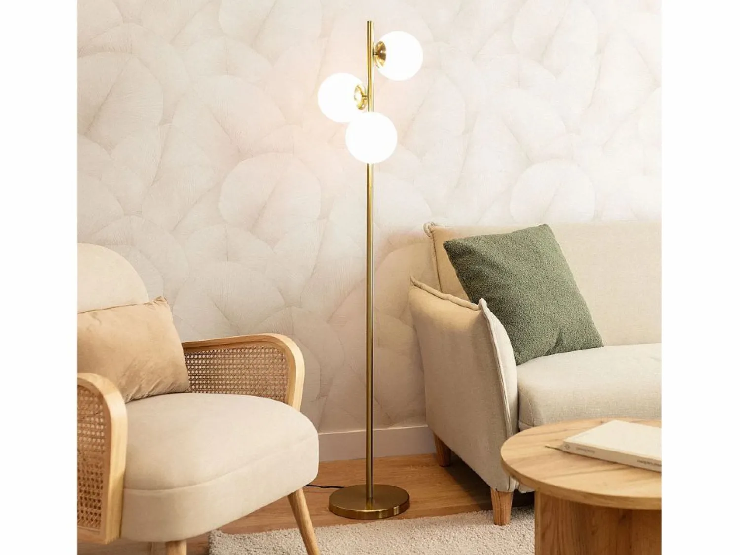 Ledkia Lámpara de Pie Metal y Cristal Moonlight Brass Round 3 Focos Dorado