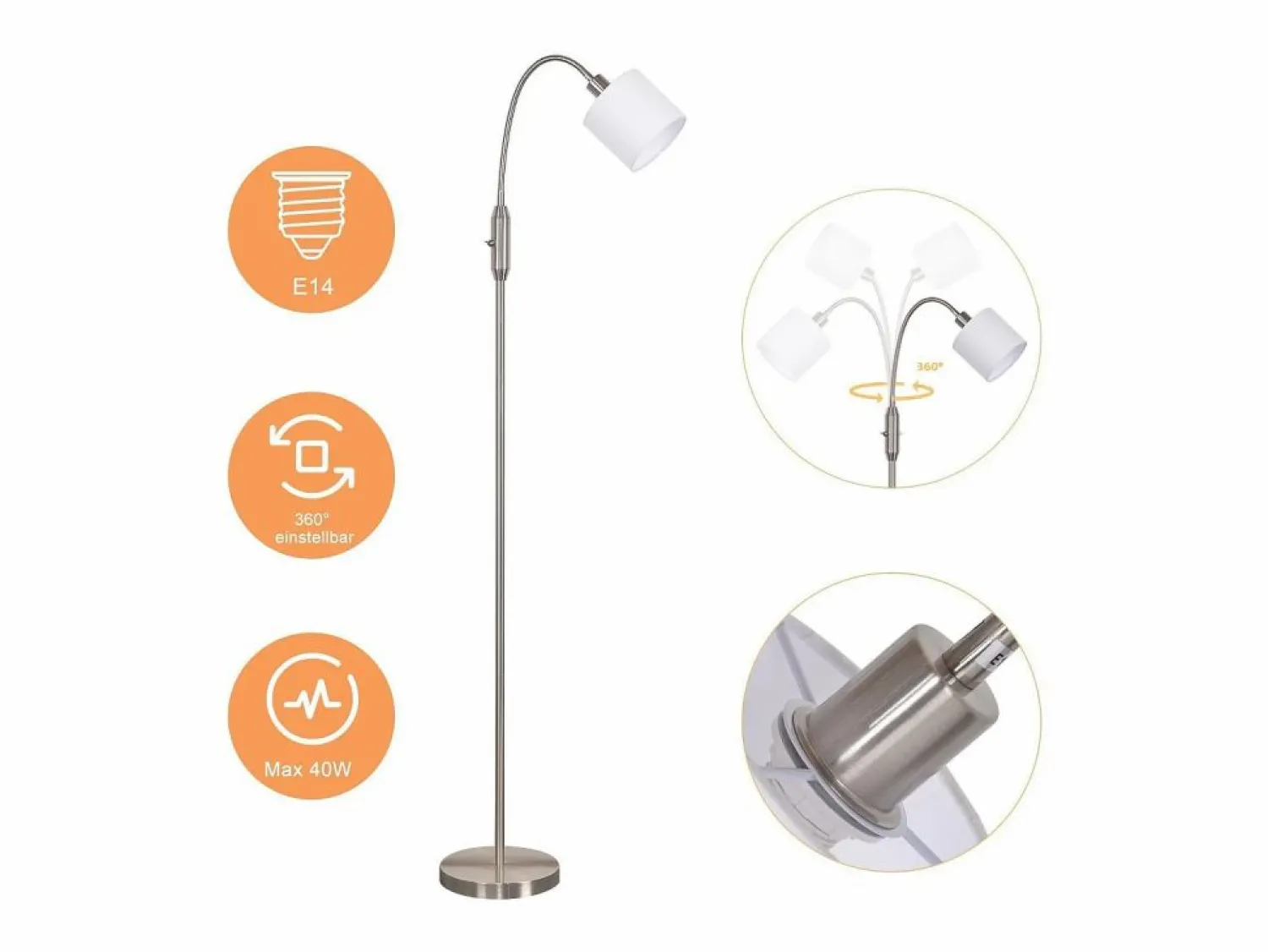 NETTLIFE Lámpara de pie vintage negra de tela con arco giratorio de 360° para una iluminación suave y decorativa Negro