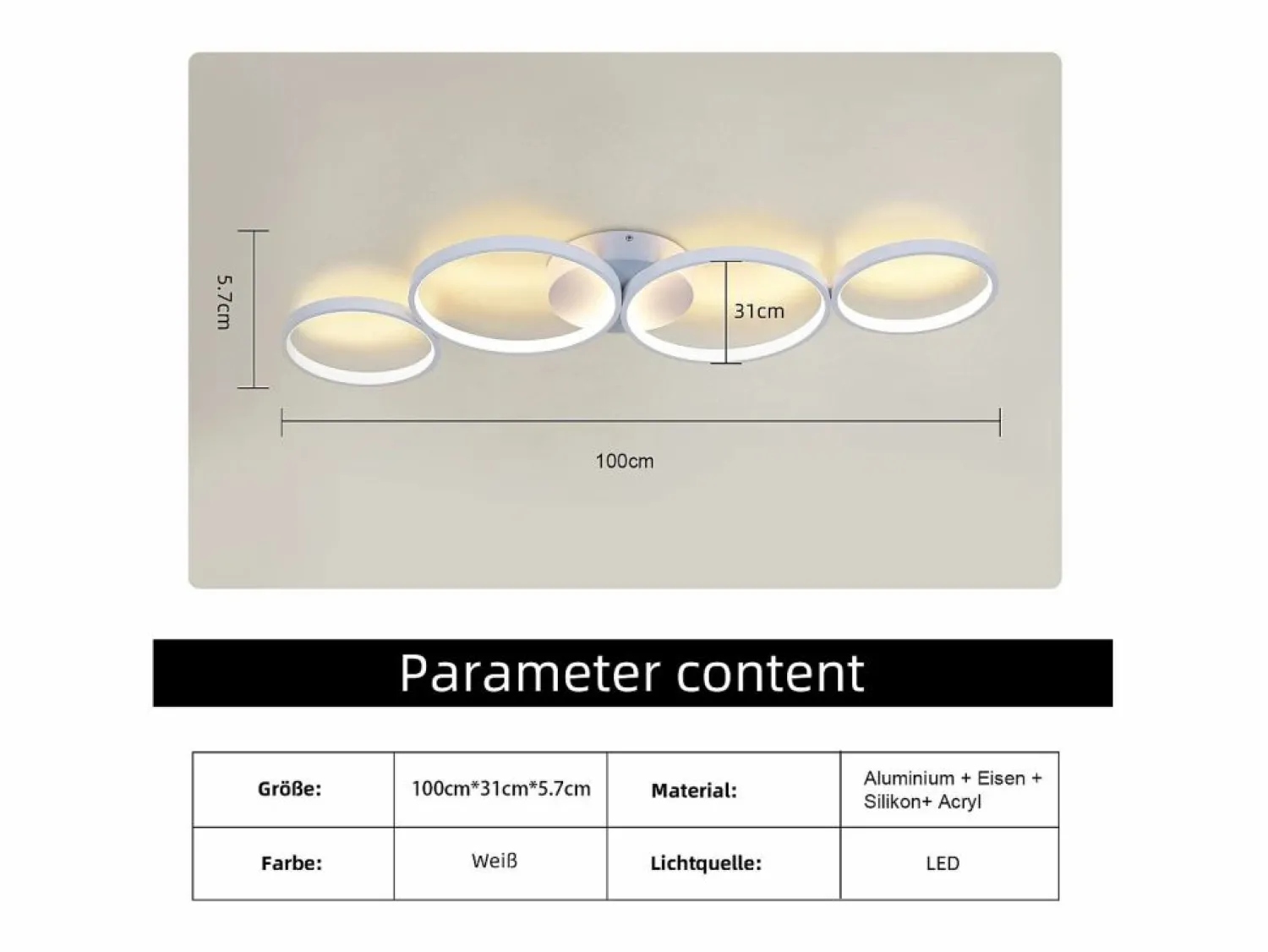 Hot Lámpara de techo LED de 100 cm regulable con 4 anillos, iluminación blanca moderna de 56 W con control remoto Plafón