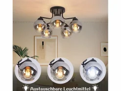 NETTLIFE Lámpara de techo vintage de cristal: 5 luces, color , metal gris ahumado, E27 Negro