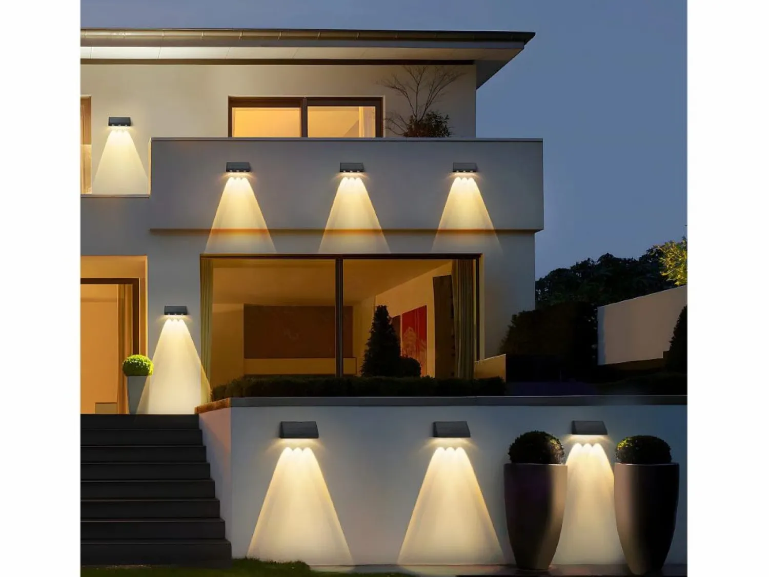 NETTLIFE Lámparas solares para exteriores - Aplique solar de pared para exteriores luces LED de pared para exteriores blanco cálido de 3000 K 2 modos