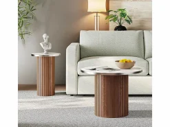 Hot Lote de 2 Mesas bajas redondas - base de columna romana - chapa de mármol - Marrón Chocolate Mesa De Centro