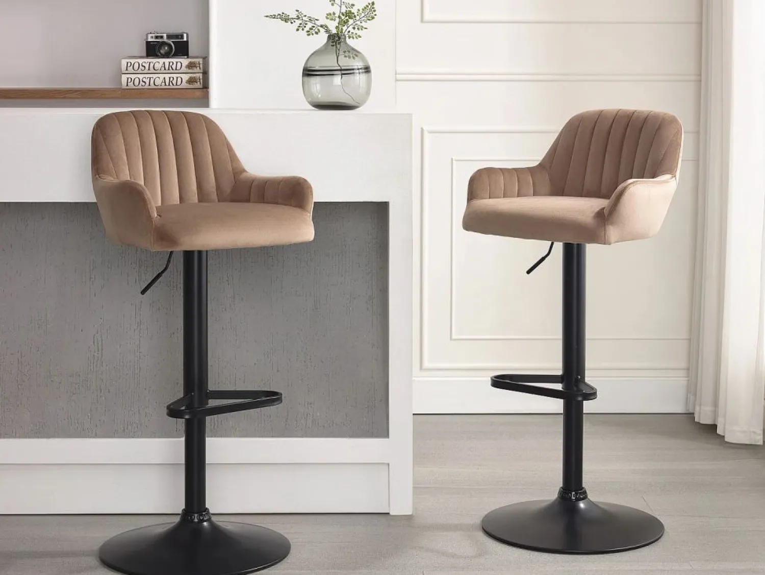 Hot Vente-unique Lote de 2 taburetes de bar de terciopelo y metal negro - Altura ajustable - - ELEANA Beige