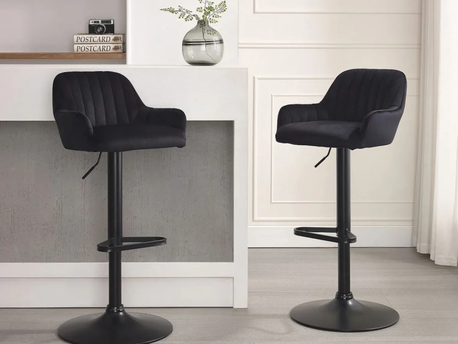Sale Vente-unique Lote de 2 taburetes de bar de terciopelo y metal - Altura ajustable - - ELEANA Negro