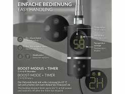 Luxebath Elemento calefactor eléctrico 900W acero inoxidable negro para radiador con termostato y pantalla digital, regulador con modo temporizador Plateado