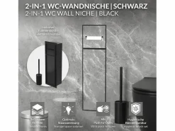 Outlet LuxeBath Módulo de armario empotrado para baño de acero inoxidable mate 60x20cm con tapa y escobilla WC nicho pared alicatable oculto encastrado Negro