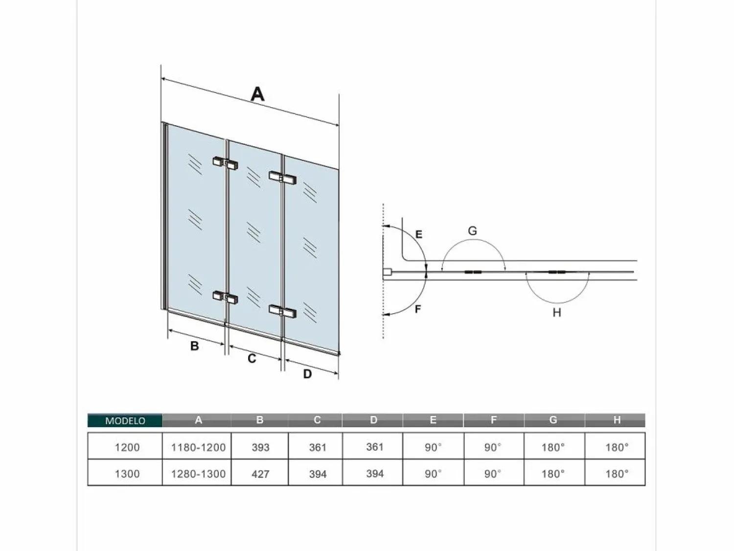 New Mampara de Bañera Abatible 3 Hojas Cristal Antical 6mm 3 veces plegable Tamaño (1280-1300)x1400mm- Mampara De Bañera