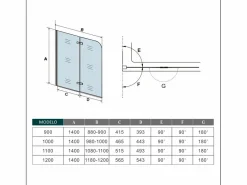 Aica Mampara de bañera abatible 2 hojas cristal antical 6mm plegable (1180-1200)x1400mm