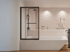 Outlet Shower & Design Mampara de bañera corredera negro mate con toallero - 100x140 cm - WAIMEA Transparente / Negro
