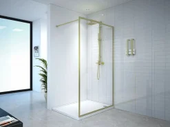 Shower & Design Mampara de ducha a ras de suelo, 120 x 200 x 92 cm, oro, cristal, AMBERI