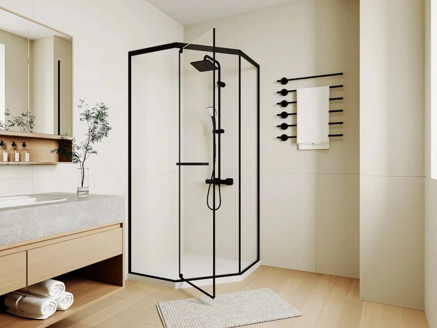 Shower & Design Mampara de ducha pentagonal con plato, mate, 90 x 90 x 195 cm CRISTELIO