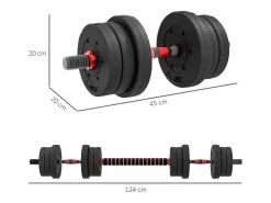 Mancuernas ajustables 2 en 1, 20 kg, barra corta y larga, plástico, color (45 x 20 x 20 cm)