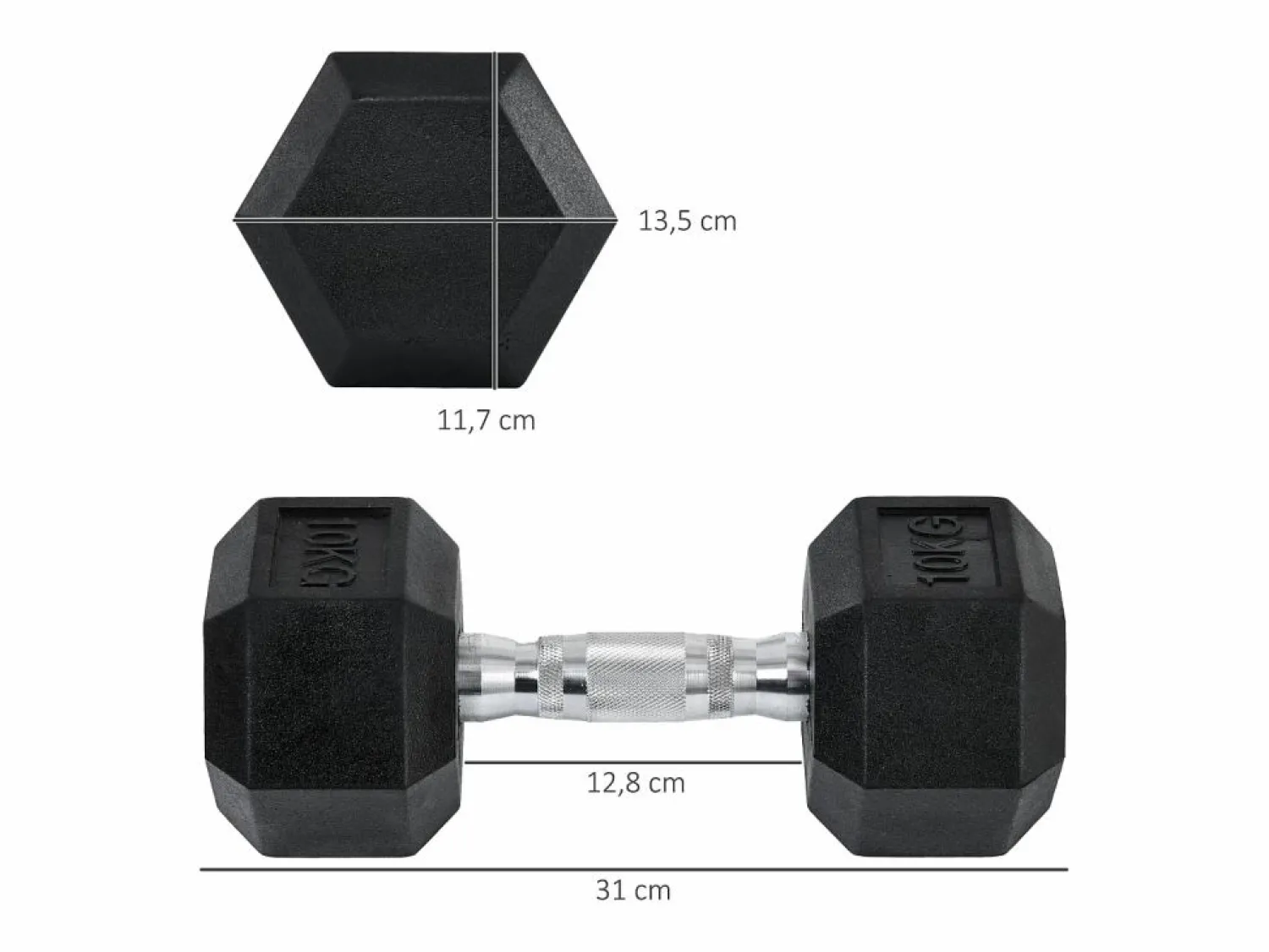 mancuernas hexagonales de 10 kg, de hierro fundido con revestimiento de goma, negras (31 x 13,5 x 13,5 cm)