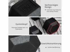 mancuernas hexagonales de 10 kg, de hierro fundido con revestimiento de goma, negras (31 x 13,5 x 13,5 cm)