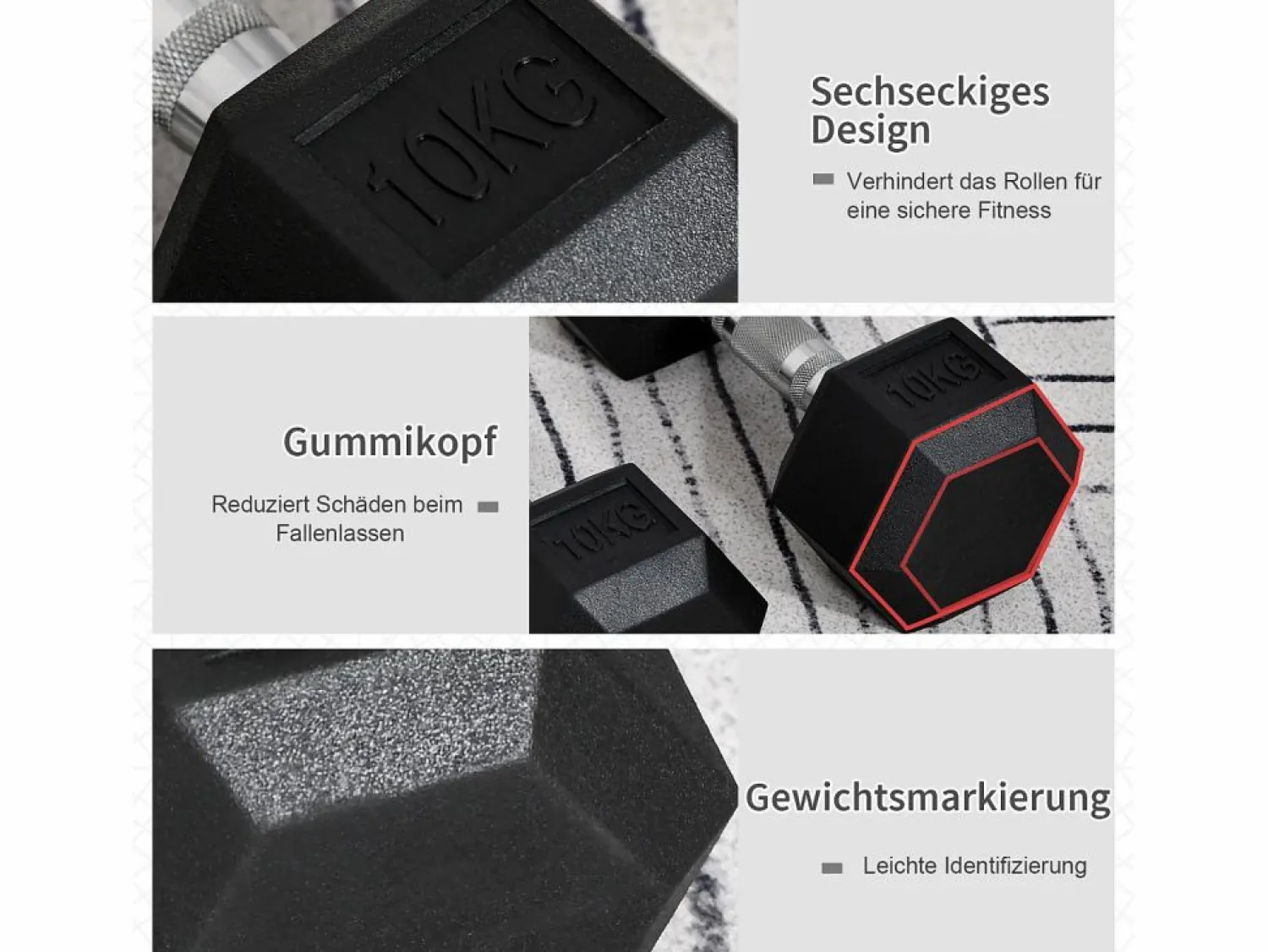 mancuernas hexagonales de 10 kg, de hierro fundido con revestimiento de goma, negras (31 x 13,5 x 13,5 cm)