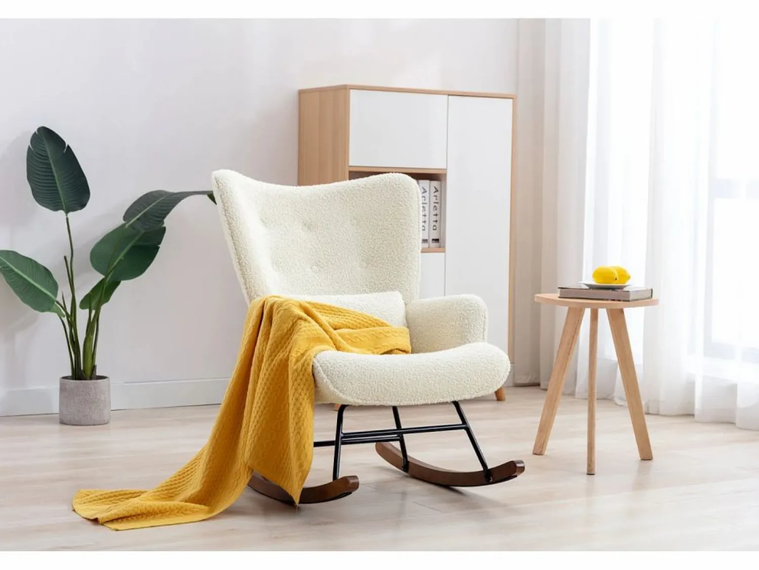 Best Mecedora Bebé Lactancia Mecedora en Tela Bouclette Mecedora Estilo Escandinavo en Madera de Caucho, Beige Marru00f3n