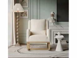 Clearance Mecedora con base y respaldo de madera, Sillón relax para salón, Lino, Beige