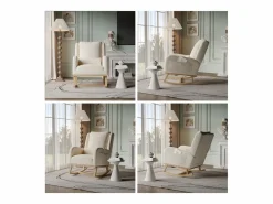 Clearance Mecedora con base y respaldo de madera, Sillón relax para salón, Lino, Beige