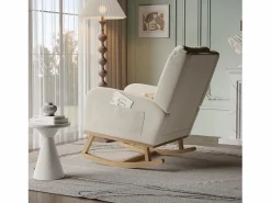 Clearance Mecedora con base y respaldo de madera, Sillón relax para salón, Lino, Beige