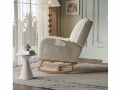 Clearance Mecedora con base y respaldo de madera, Sillón relax para salón, Lino, Beige