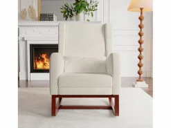 New Mecedora con reposapiernas retráctil y respaldo alto de madera maciza - Mecedora para salón y dormitorio, carga hasta 150 kg - Beige