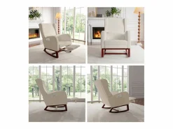 New Mecedora con reposapiernas retráctil y respaldo alto de madera maciza - Mecedora para salón y dormitorio, carga hasta 150 kg - Beige
