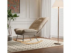 Mecedora ergonómica con cojín beige y estructura gris, diseño moderno en tela/piel sintética. Blanco