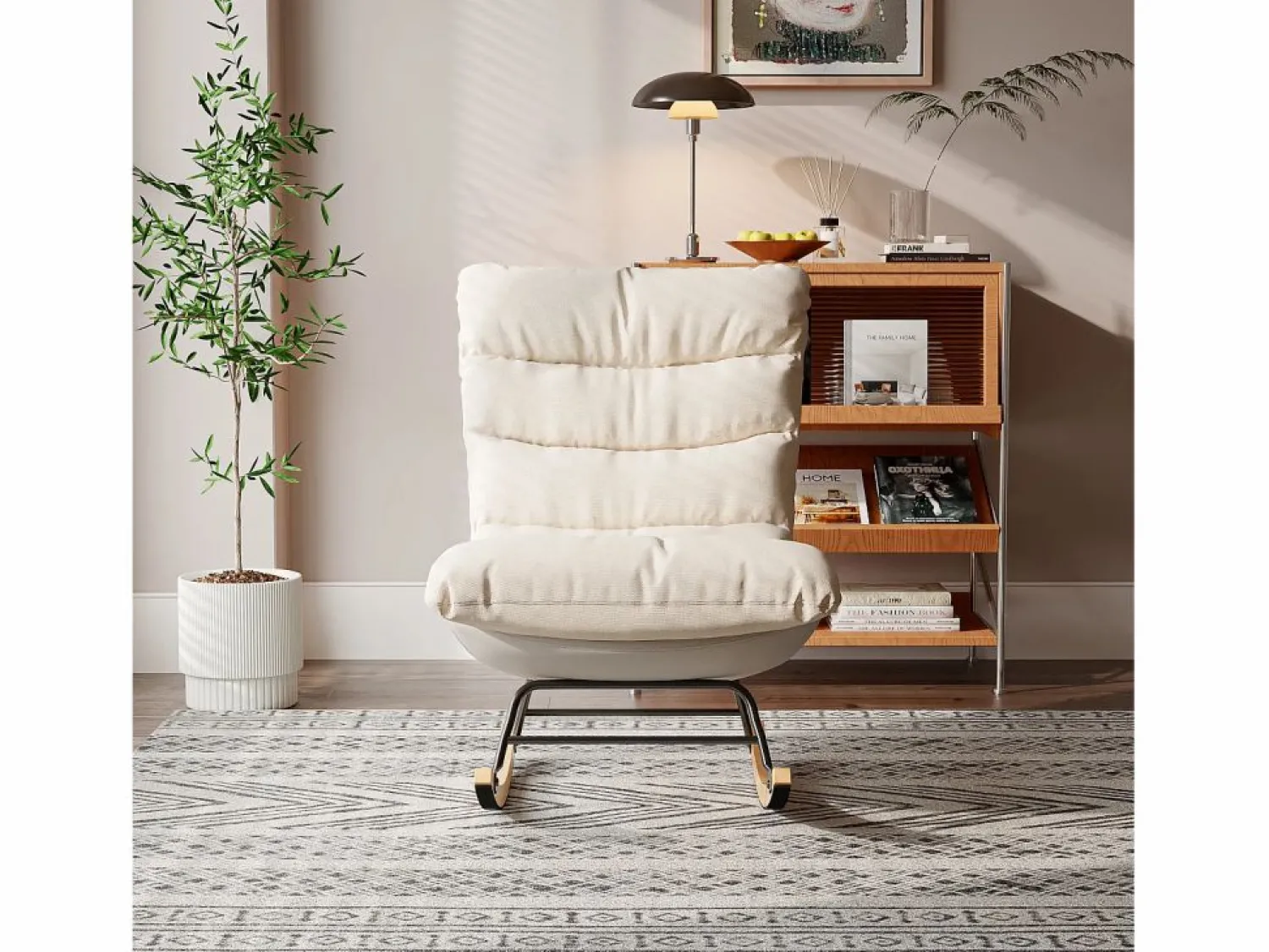 New Mecedora ergonómica con cojín beige y estructura gris, diseño moderno en tela/piel sintética. Blanco