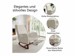 Online Mecedora, Mecedora con Reposapiés Retráctil, Mecedora de Madera Maciza con Respaldo Alto para Sala de Estar, Dormitorio, Hasta 150 kg - Beige