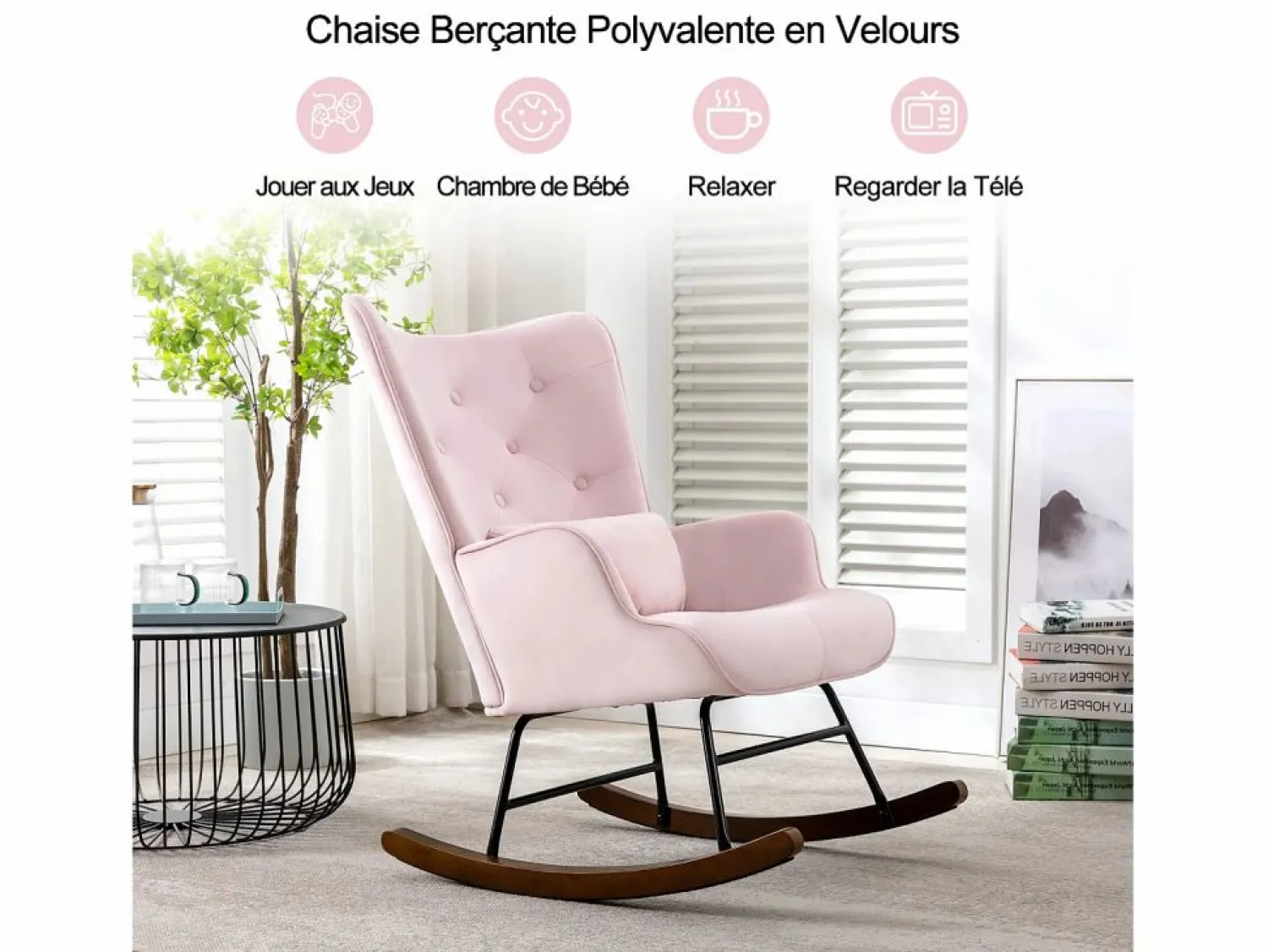 Mecedora moderna tapizada en terciopelo para sala de estar, mecedora con respaldo alto y patas de madera, color