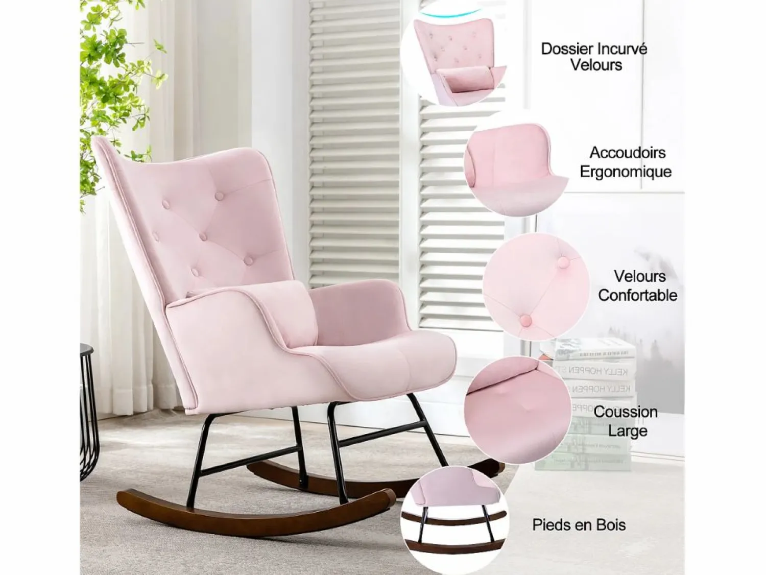 Mecedora moderna tapizada en terciopelo para sala de estar, mecedora con respaldo alto y patas de madera, color