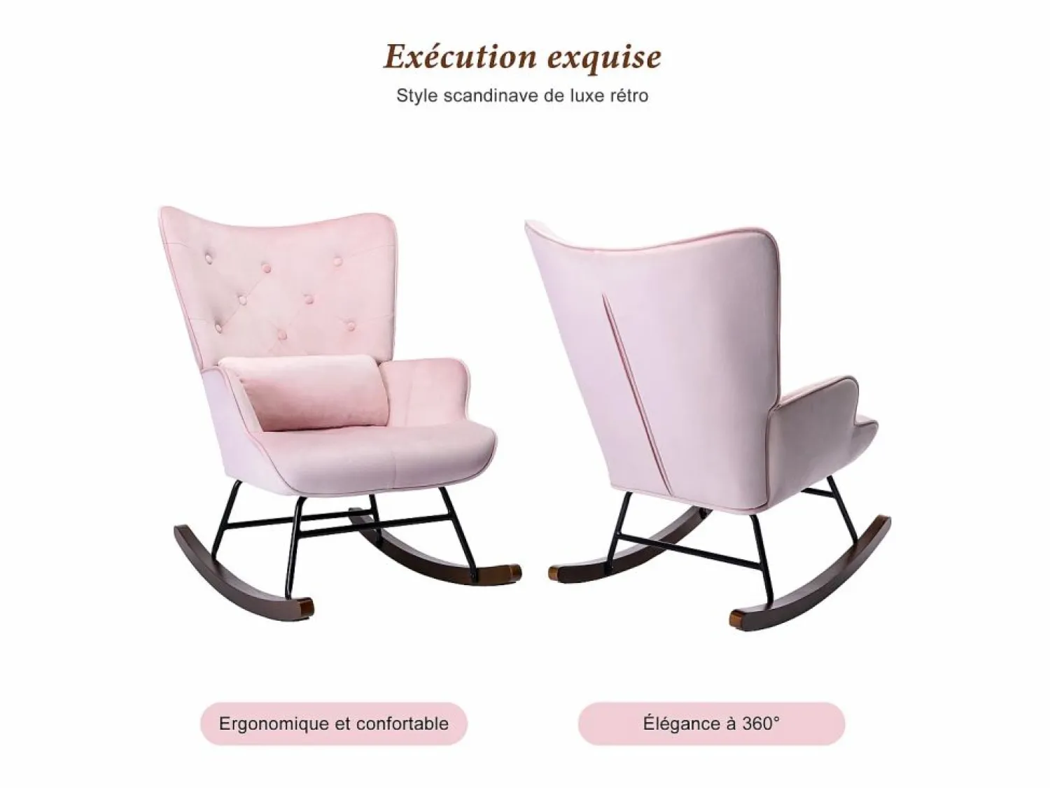 Mecedora moderna tapizada en terciopelo para sala de estar, mecedora con respaldo alto y patas de madera, color