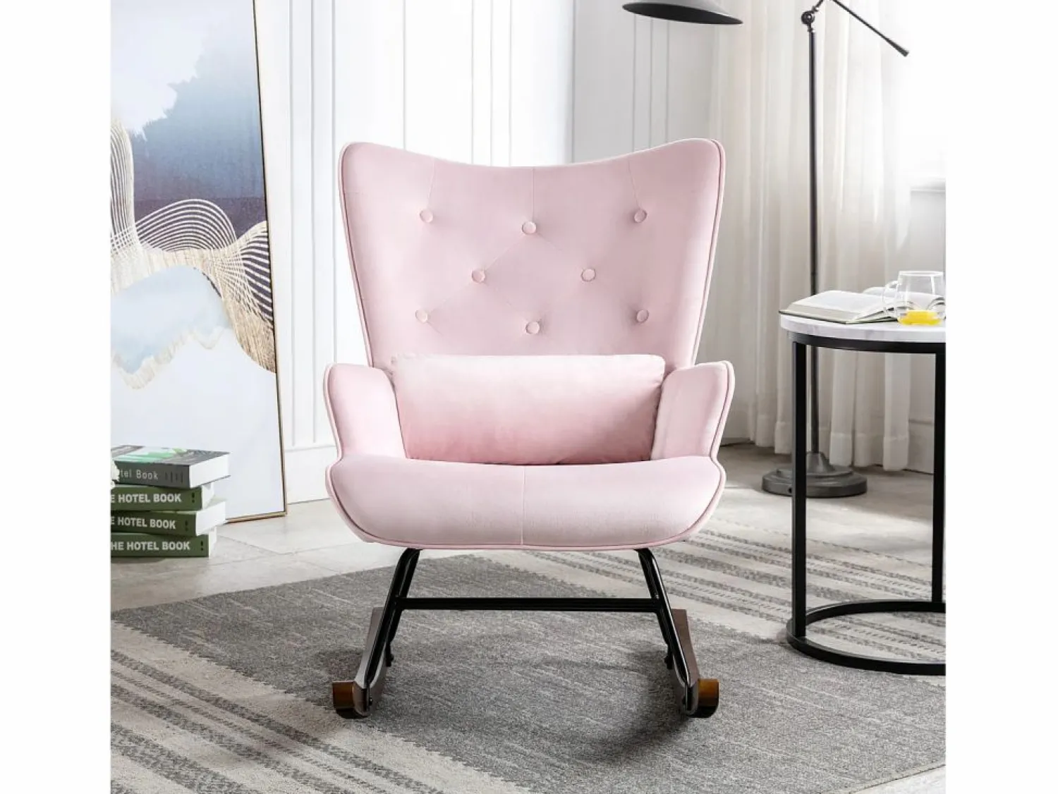 Mecedora moderna tapizada en terciopelo para sala de estar, mecedora con respaldo alto y patas de madera, color